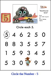 Circle the Number Worksheet  Five (5) with Newfoundland puppy art and a “5” number block from Ten Little Puppies, illustrated by Jim Harris.